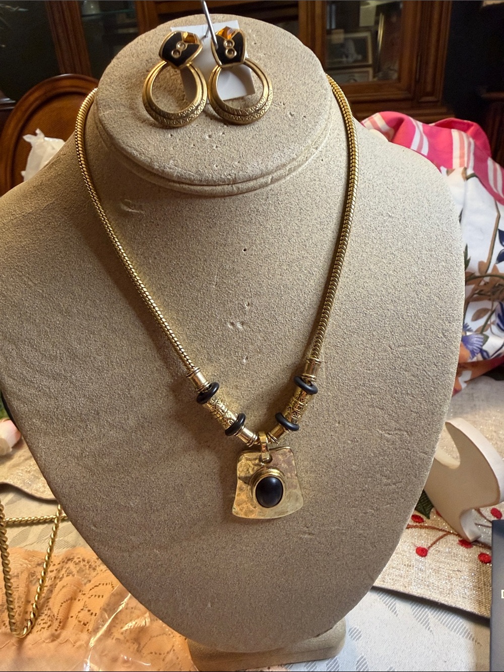 Chico's Gold-Tone Hammered Pendant Necklace with Black Accents